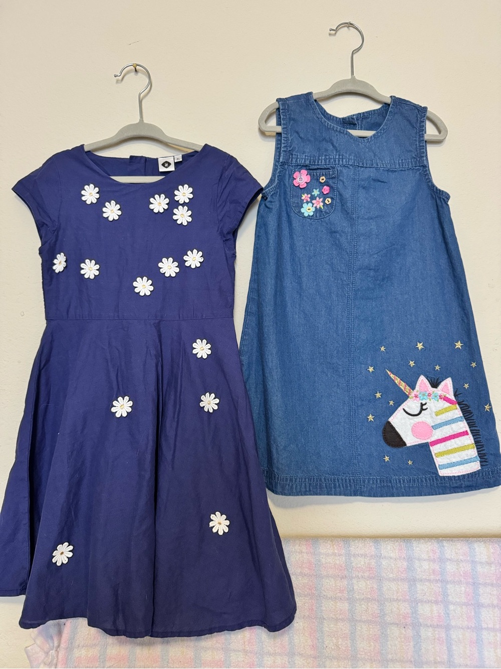 Set of 2 Dresses: Navy Daisy Appliqué Dress & Unicorn Jeans Dress